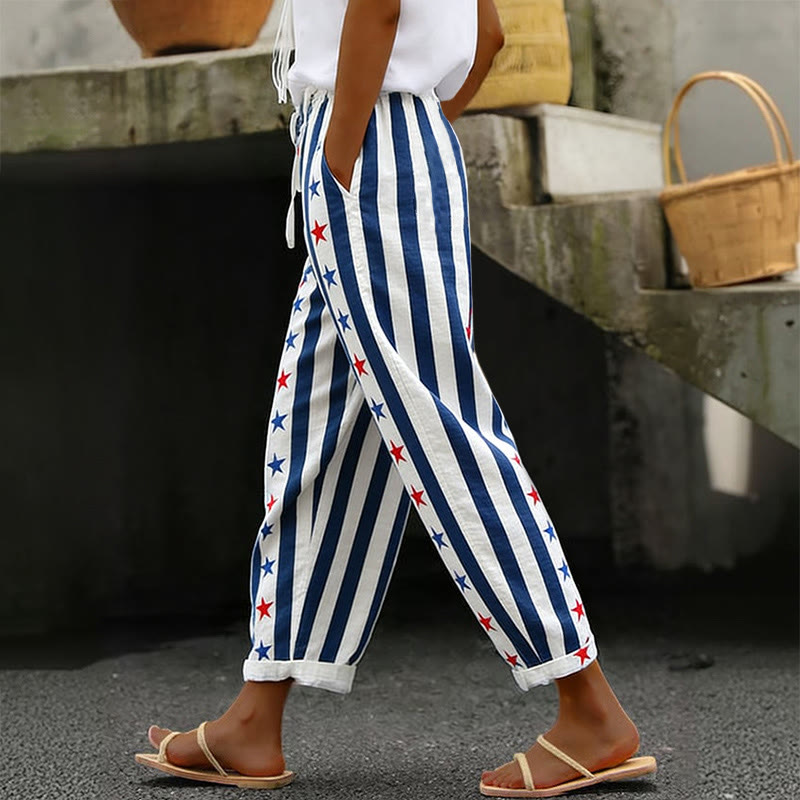 Independence Day Stars And Stripes Print Casual Pocket Pants  - White - 5XL - image 1