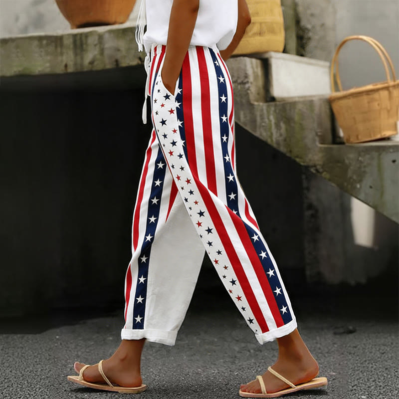 Minimalist Independence Day Stars And Stripes Print Casual Pocket Pants  - White - 5XL - image 1