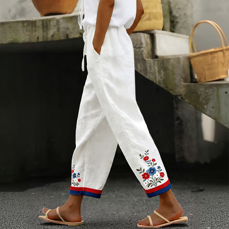 Elegant Independence Day Floral Hem Print Casual Pocket Pants  - White - 5XL - image 1
