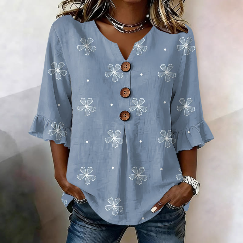 Casual Blue Floral Print Button V-neck Blouse With Ruffle Sleeves - Blue - US32-34(5XL) - image 1