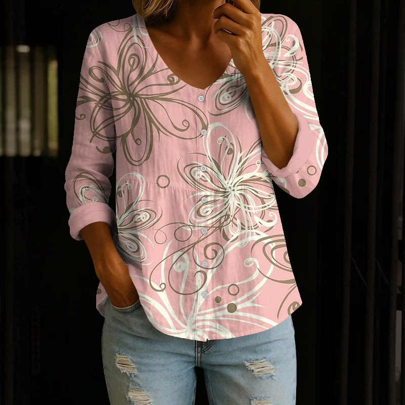 Retro Curly Botanical Art Print Button V-neck A-line Long Sleeve Blouse - Pink - 4XL - image 1