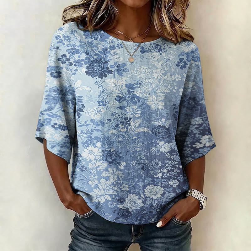 Vintage Roses Floral Silhouette Gradient Art Print Half Sleeve Casual Blouse - Blue - US 28-30 (4XL) - image 1