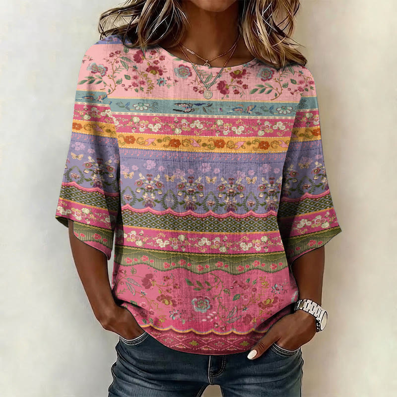  Vintage Ethnic Floral Stripes Pattern Print Half Sleeve Casual Blouse - Pink - US 28-30 (4XL) - image 1