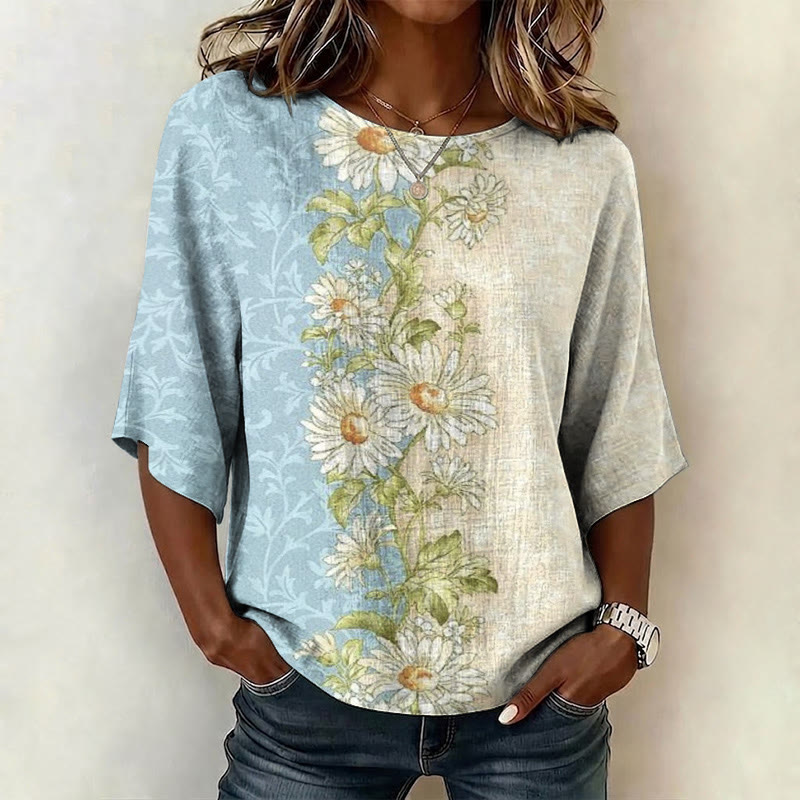  Vintage Two-tone Daisy Pattern Print Half Sleeve Casual Blouse - Light Blue - US 28-30 (4XL) - image 1