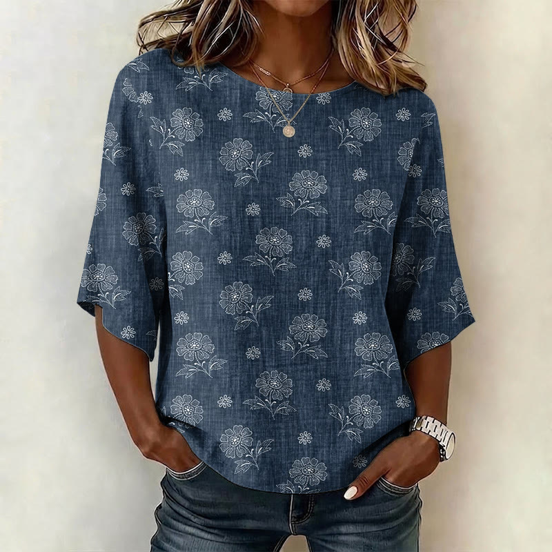  Vintage Elegant Florals Pattern Print Half Sleeve Casual Blouse - Blue - US 28-30 (4XL) - image 1