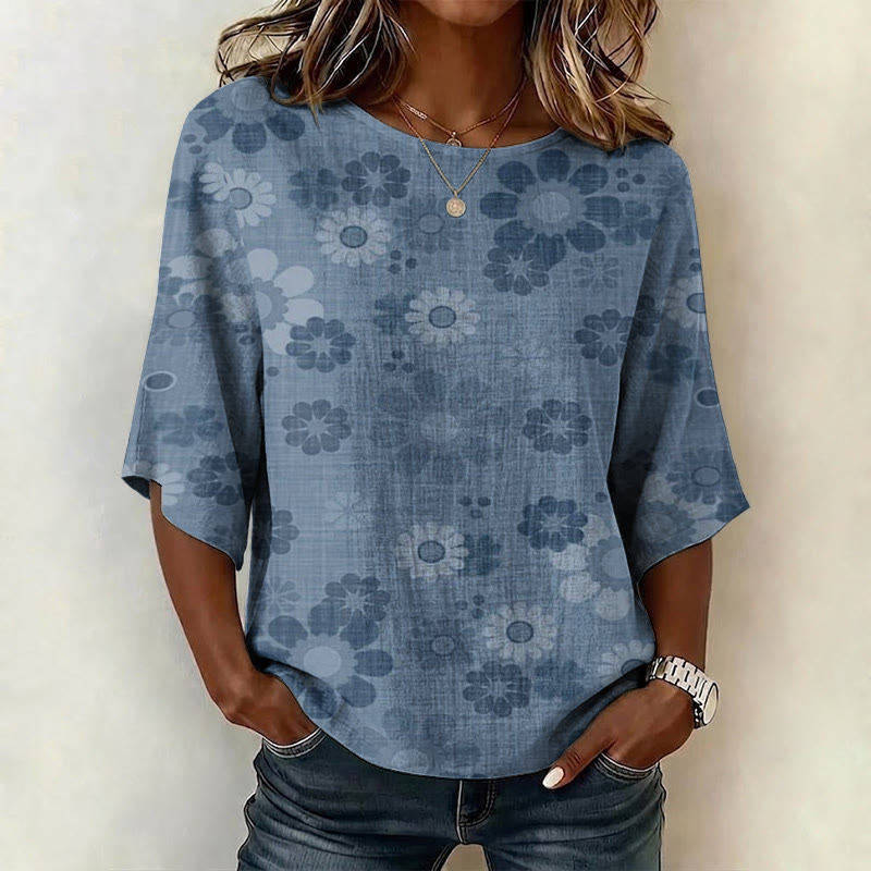 Minimalist Floral Silhouettes Pattern Print Half Sleeve Casual Blouse - Blue - US 28-30 (4XL) - image 1