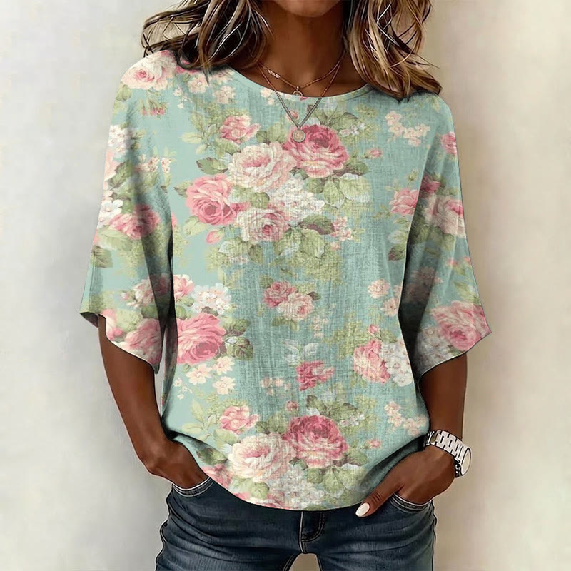 Retro-romantic Cluster Of Roses Pattern Print Half Sleeve Casual Blouse - Light Green - US 28-30 (4XL) - image 1