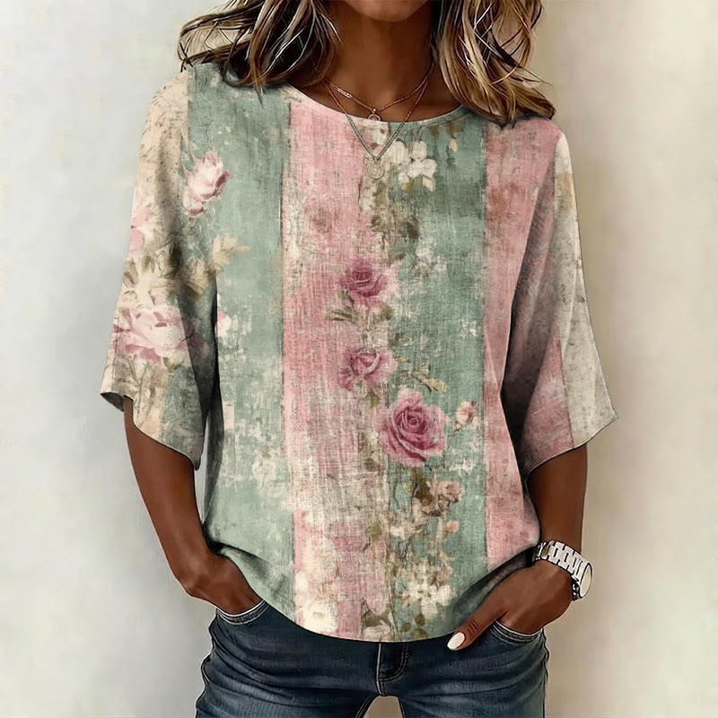 Retro Driftwood Rose Pattern Print Half Sleeve Casual Blouse - Light Green - US 28-30 (4XL) - image 1