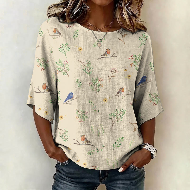 Retro Birds And Nature Pattern Print Half Sleeve Casual Blouse - Apricot - US 28-30 (4XL) - image 1