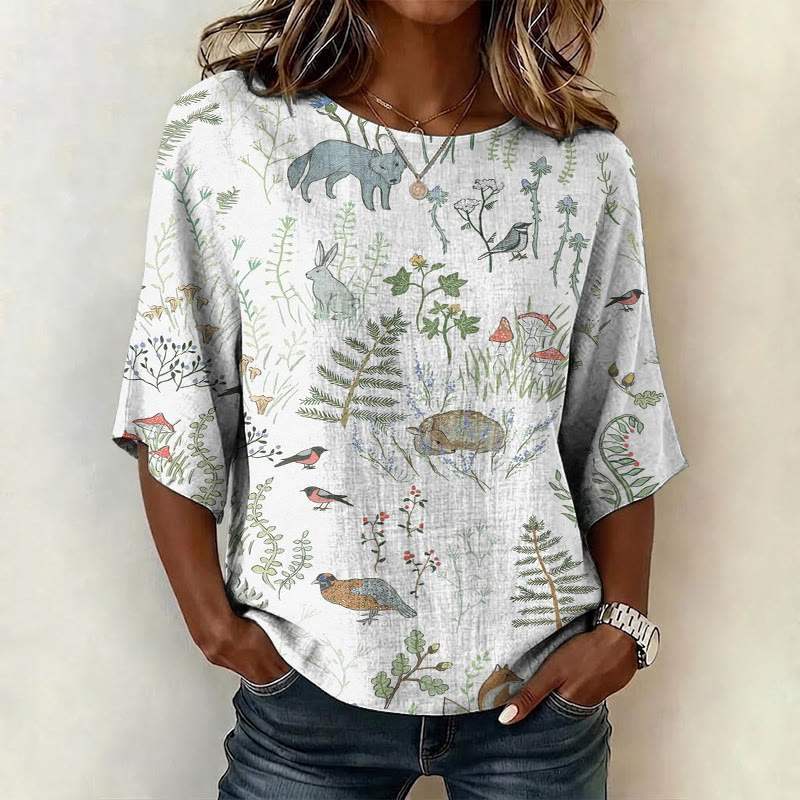 Retro Nature Forest Animals Pattern Print Half Sleeve Casual Blouse - White - US 28-30 (4XL) - image 2