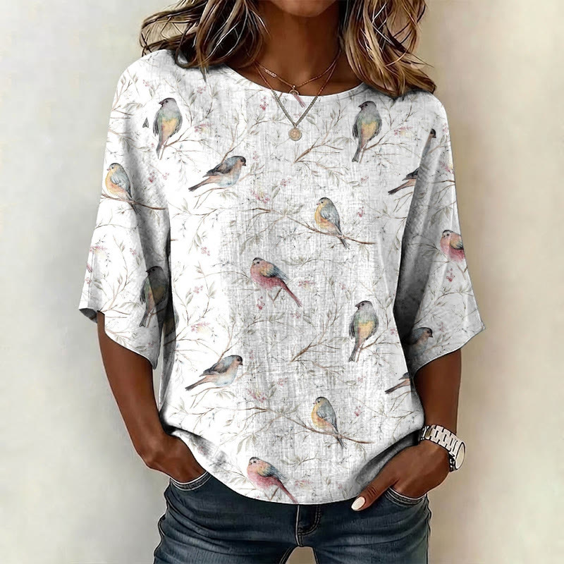 Retro Birds Pattern Print Half Sleeve Casual Blouse - White - US 28-30 (4XL) - image 1