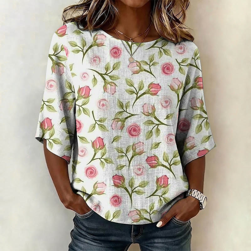 Vintage Roses Watercolor Pattern Print Half Sleeve Casual Blouse - White - US 28-30 (4XL) - image 1