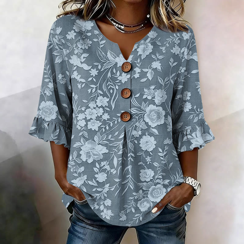 Elegant Floral Print Button V-neck Blouse With Ruffle Sleeves - Light Blue - US 22 (4XL) - image 3