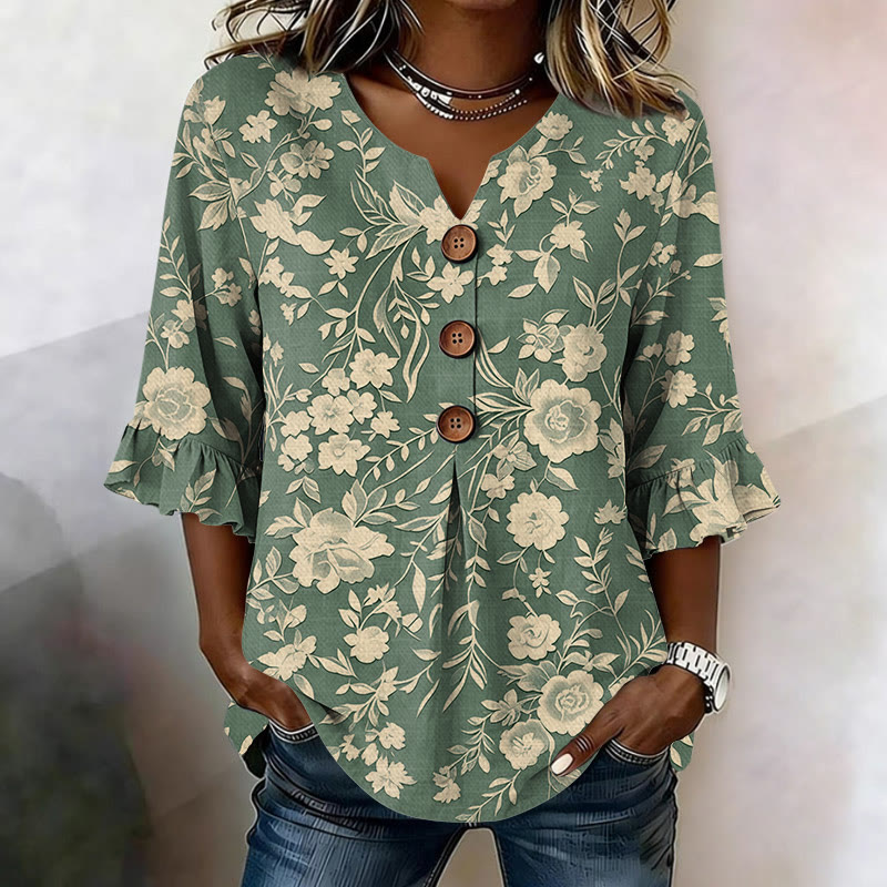 Elegant Floral Print Button V-neck Blouse With Ruffle Sleeves - Green - US 22 (4XL) - image 2