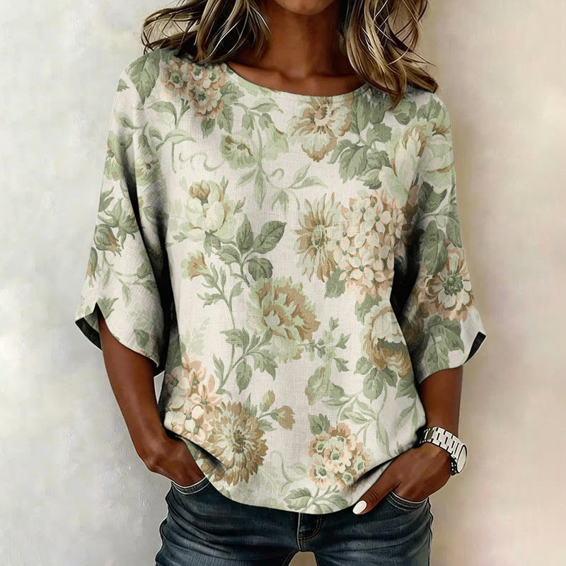Vintage Florals Pattern Print Half Sleeve Casual Blouse - Olive Green - US 28-30 (4XL) - image 2