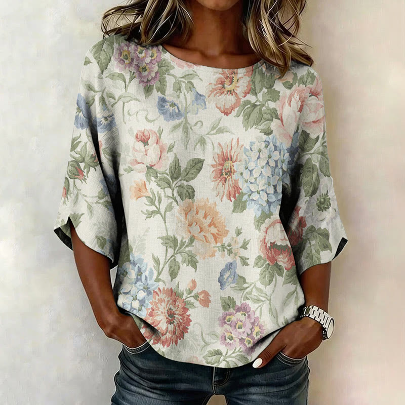 Vintage Florals Pattern Print Half Sleeve Casual Blouse - Blue - US 28-30 (4XL) - image 1