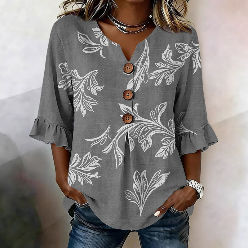Vintage Flower Print Button V-neck Blouse With Ruffle Sleeves - Grey - US 22 (4XL) - image 3