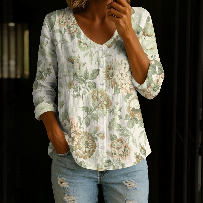 Vintage Florals Pattern Print Button V-neck A-line Long Sleeve Blouse - Olive Green - 4XL - image 2