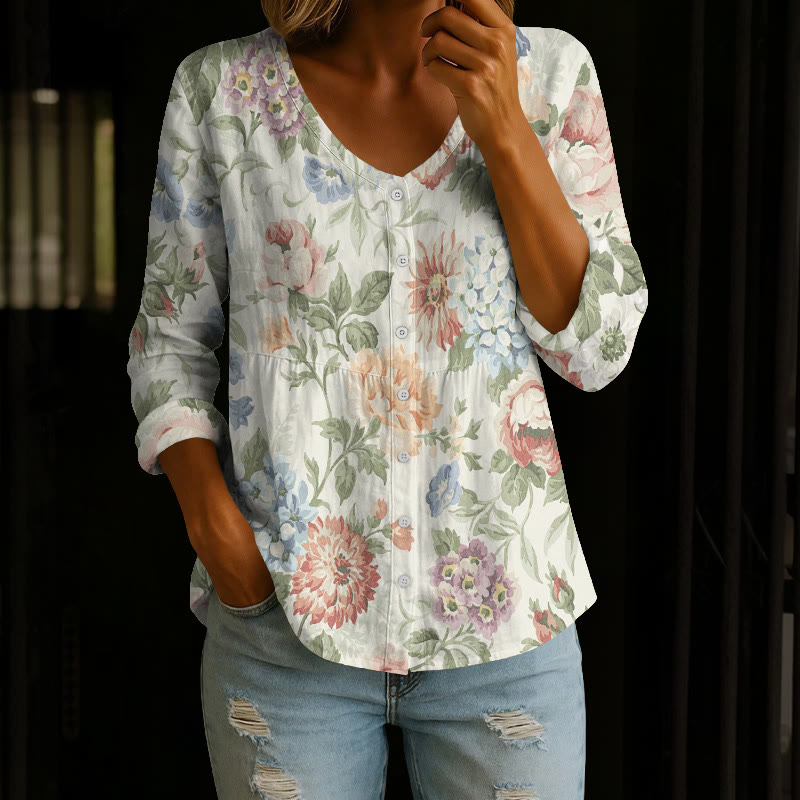 Vintage Florals Pattern Print Button V-neck A-line Long Sleeve Blouse - Blue - 4XL - image 1
