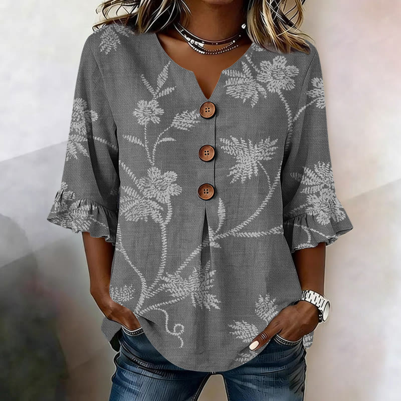 Boho Floral Print Button V-neck Blouse With Ruffle Sleeves - Grey - US 22 (4XL) - image 3