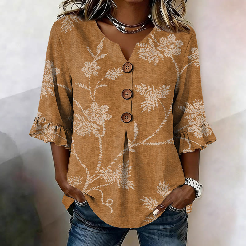 Boho Floral Print Button V-neck Blouse With Ruffle Sleeves - Yellow - US 22 (4XL) - image 5