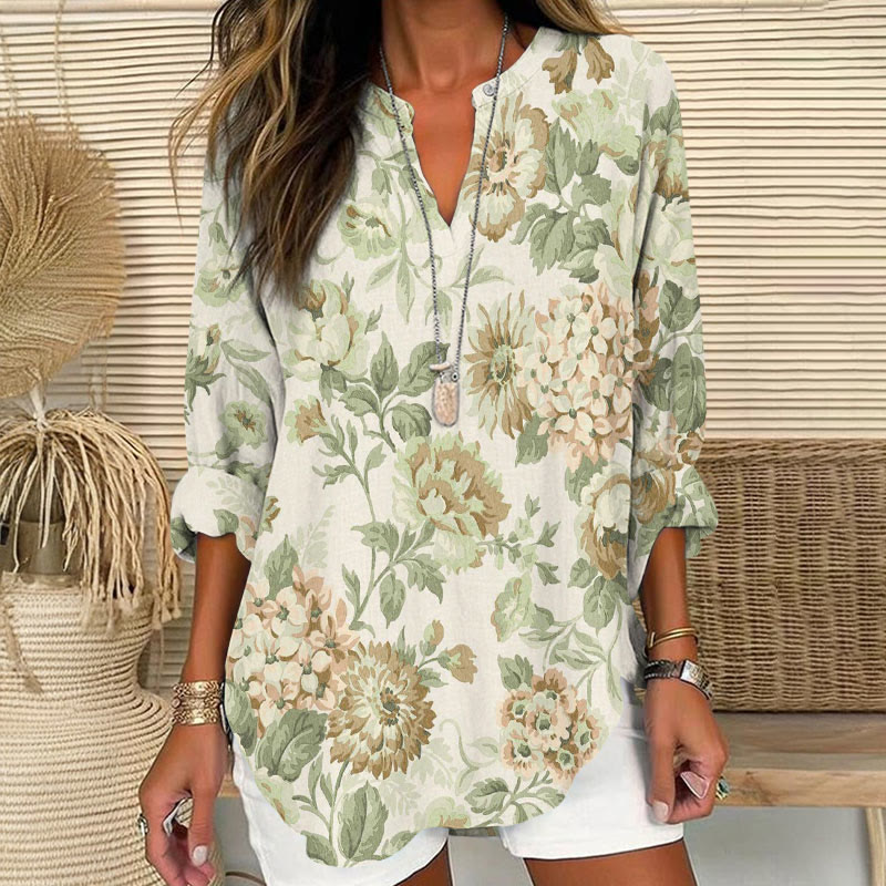 Vintage Florals Pattern Print V Neck Long Sleeve Blouse - Olive Green - 8XL - image 2