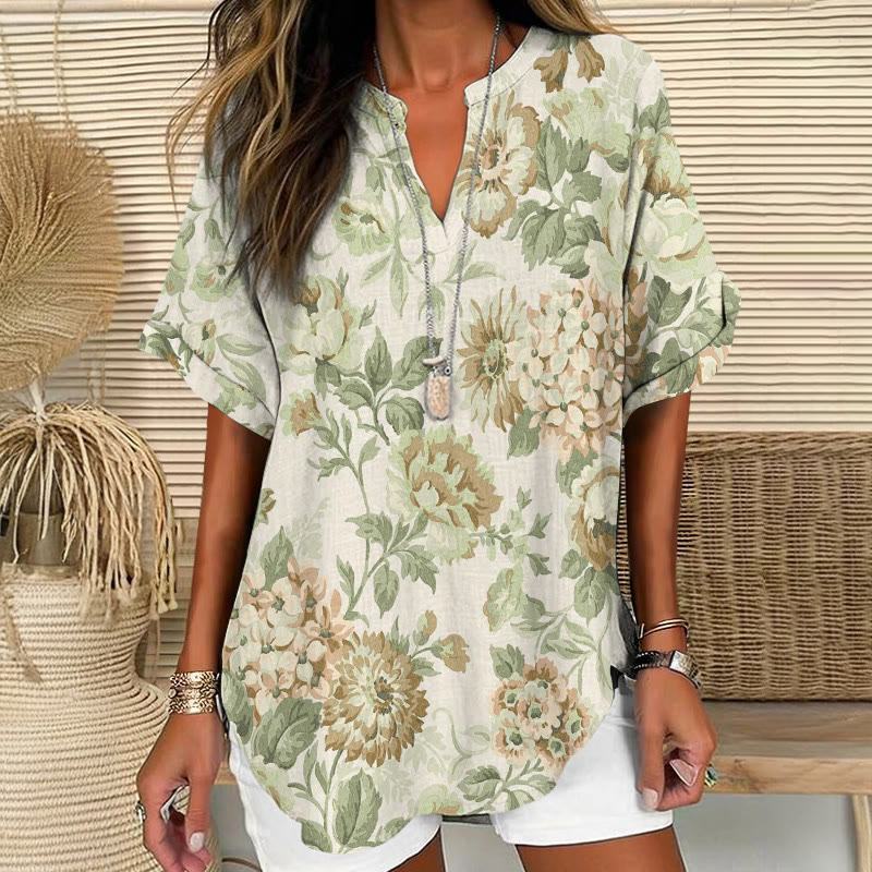 Vintage Florals Pattern Print Short Sleeve Casual Blouse - Olive Green - 5XL - image 2
