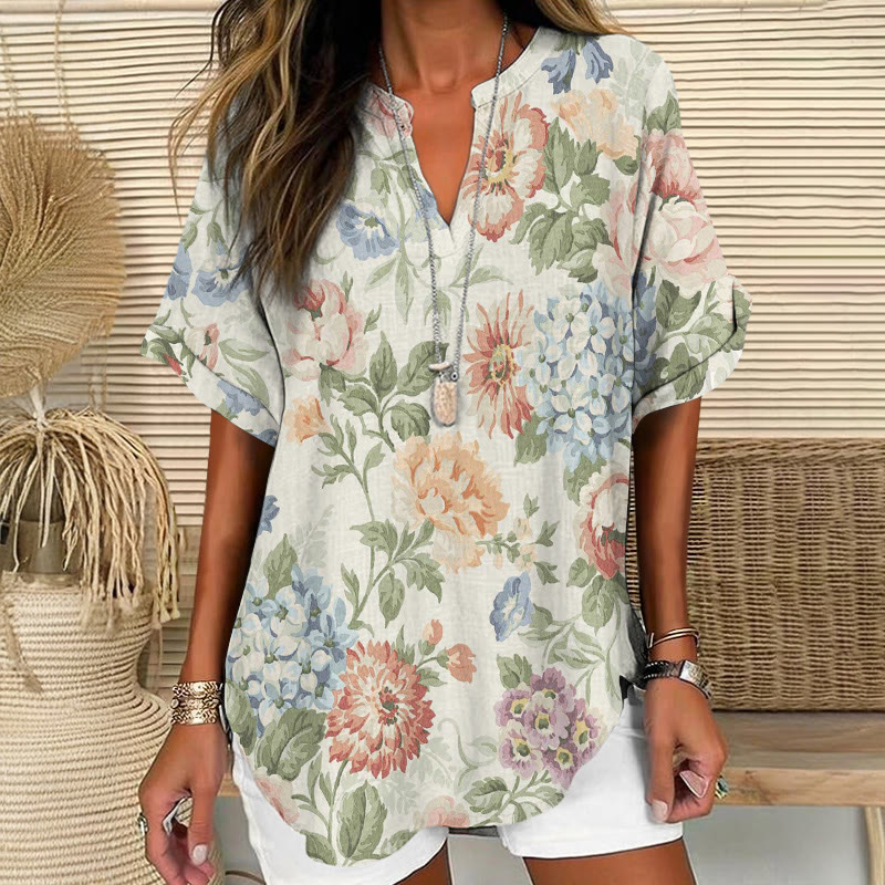 Vintage Florals Pattern Print Short Sleeve Casual Blouse - Blue - 5XL - image 1