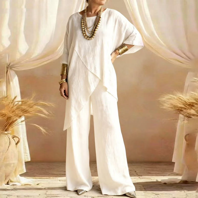 Elegant Solid Irregular Hem Round-neck 3/4 Sleeves Blouse&pants Set - White - 3XL - image 1