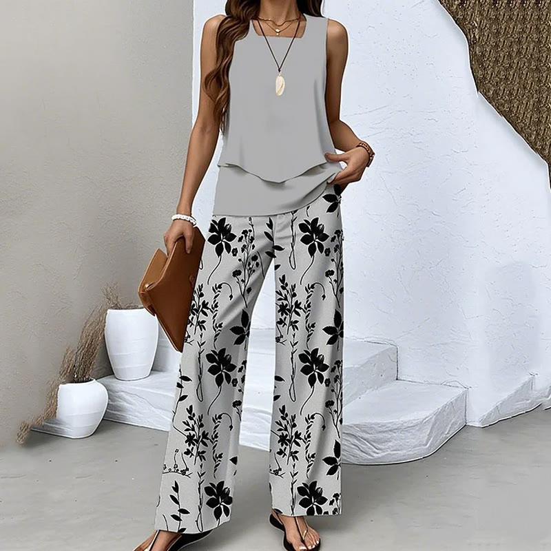 Elegant Plant Silhouettes Print Double-layer Irregular Hem Square-neck Vest&pants Set - Grey - 3XL - image 2