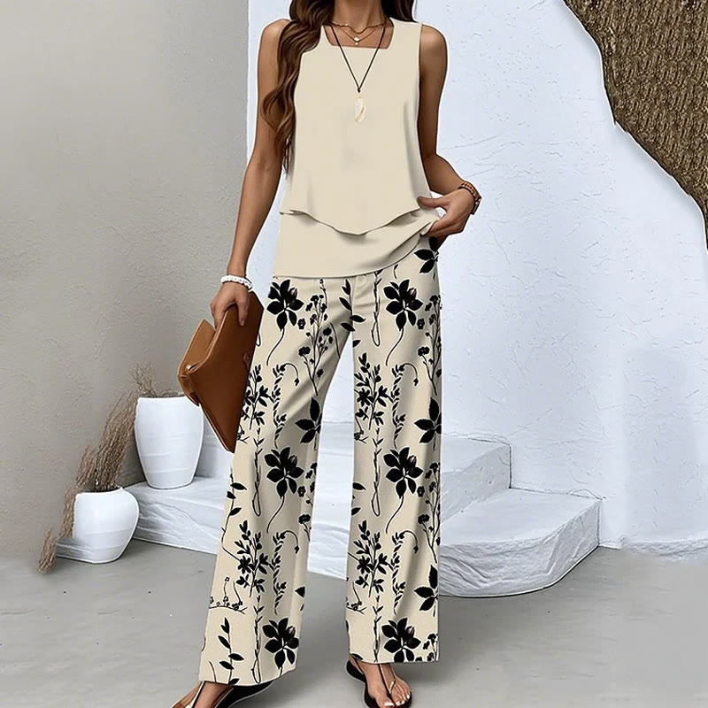 Elegant Plant Silhouettes Print Double-layer Irregular Hem Square-neck Vest&pants Set - Apricot - 3XL - image 1