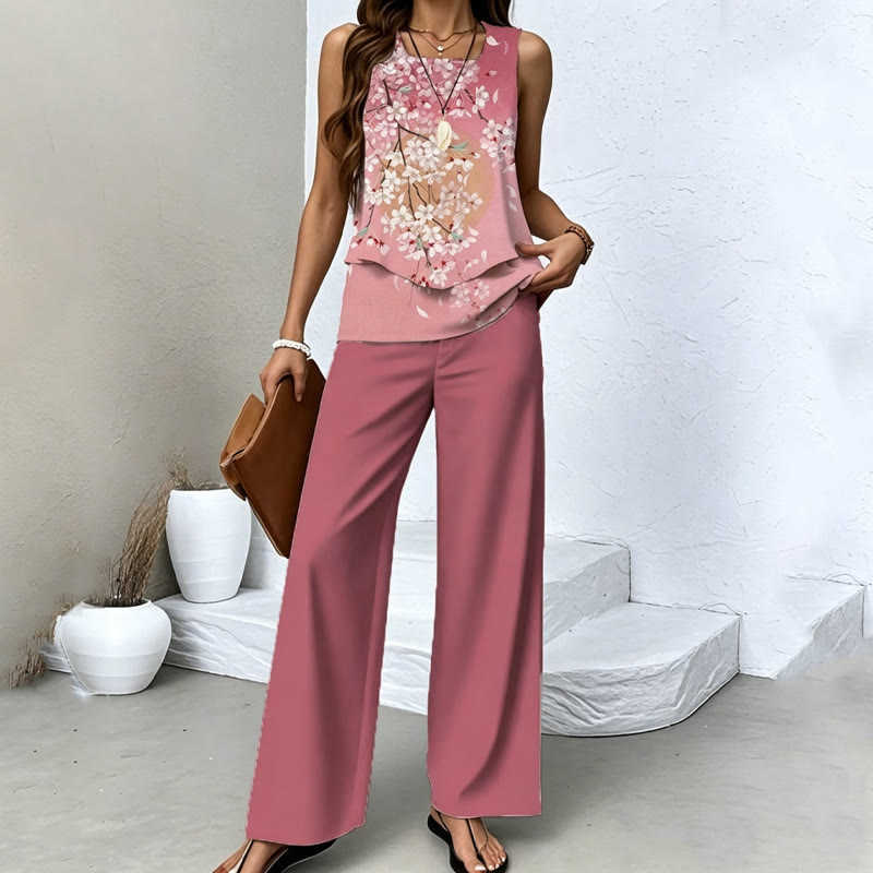 Japanese Cherry Blossom Gradient Print Double-layer Irregular Hem Square-neck Vest&pants Set - Pink - 3XL - image 1