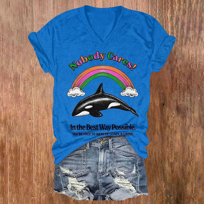 Rainbow Dolphin Mental Health Pattern Print Short Sleeved V-neck T-shirt - Blue - US32-34(5XL) - image 1