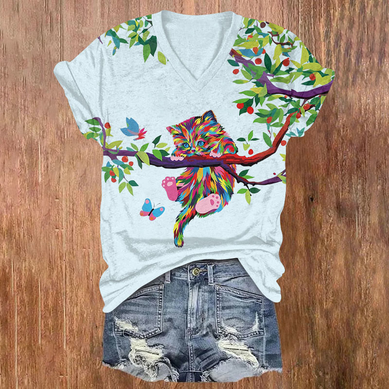 Rainbow-graffiti Kitten Pattern Print Short Sleeved V-neck T-shirt - Light Blue - US32-34(5XL) - image 2