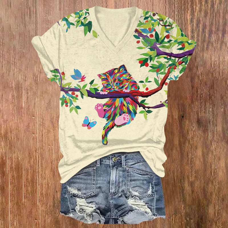 Rainbow-graffiti Kitten Pattern Print Short Sleeved V-neck T-shirt - Apricot - US32-34(5XL) - image 1