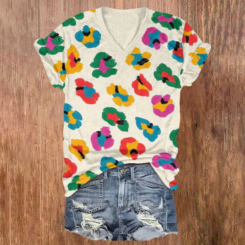 Rainbow Leopard Print Short Sleeved V-neck T-shirt - Apricot - US32-34(5XL) - image 1