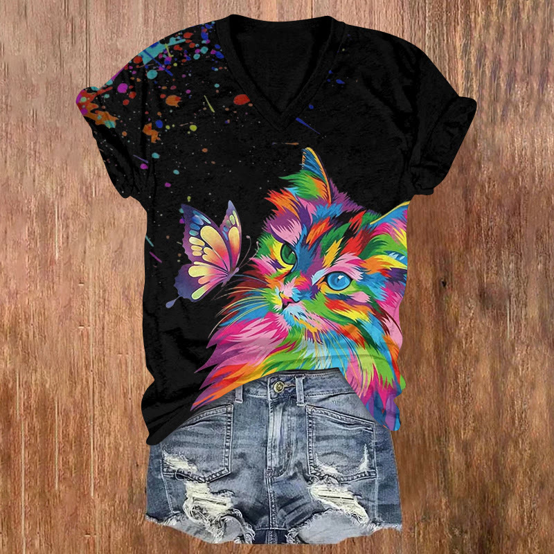 Rainbow Kitten And Butterfly Print Short Sleeved V-neck T-shirt - Black - US32-34(5XL) - image 1