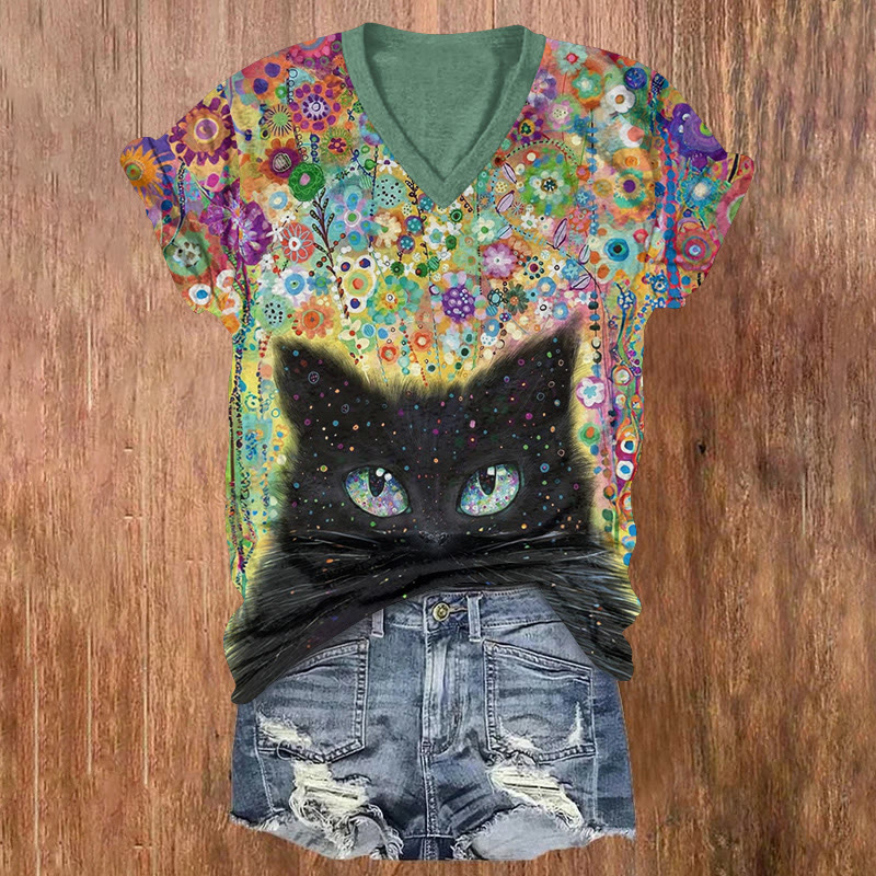 Rainbow Garden And The Black Cat Print Short Sleeved V-neck T-shirt - Light Green - US32-34(5XL) - image 1
