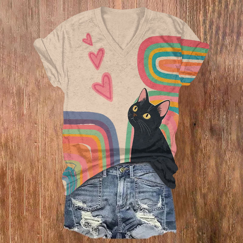 Rainbow Loves Heart Black Cat Print Short Sleeved V-neck T-shirt - Apricot - US32-34(5XL) - image 1