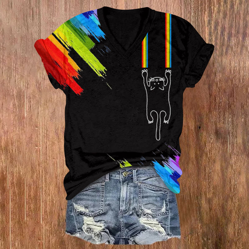 Rainbow Scratches And Black Cat Print Short Sleeved V-neck T-shirt - Black - US32-34(5XL) - image 2