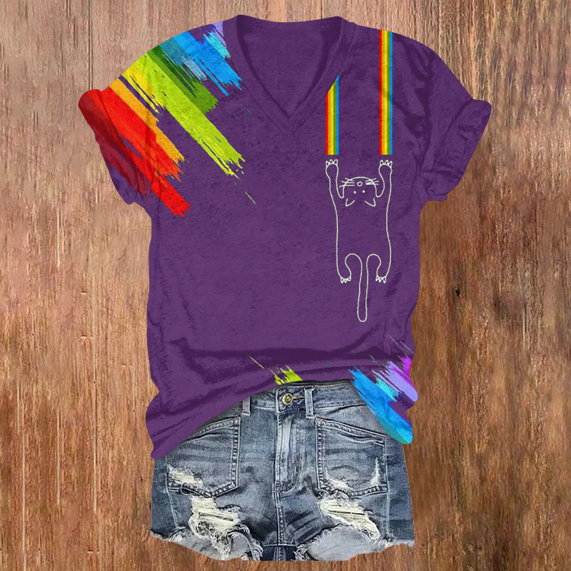 Rainbow Scratches And Black Cat Print Short Sleeved V-neck T-shirt - Purple - US32-34(5XL) - image 1