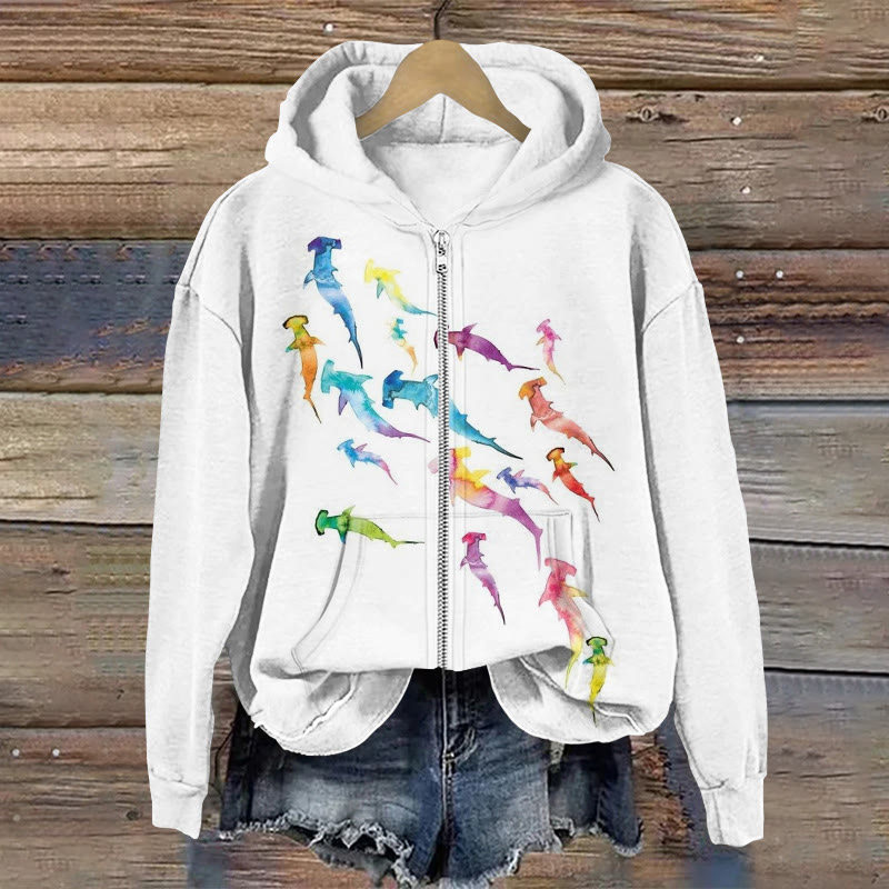 Unisex Watercolor Gradient Ocean Whales Art Print Long Sleeve Zipper Hoodie - White - US28-30(4XL) - image 1