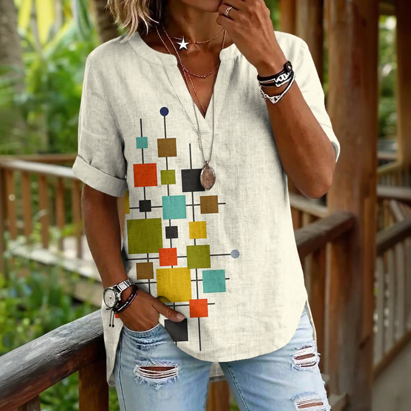 Modern Geometric Color Blocks Pattern Print Short Sleeve Casual Blouse - Apricot - 5XL - image 1