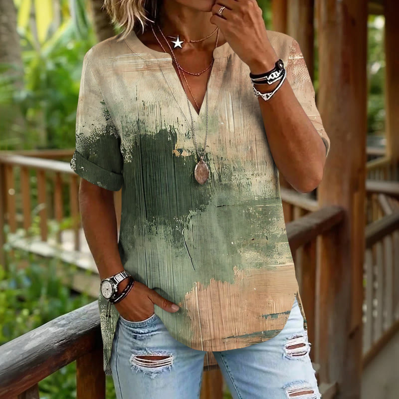 Oil Painting Texture Color Blocks Pattern Print Short Sleeve Casual Blouse - Green - 5XL - image 1