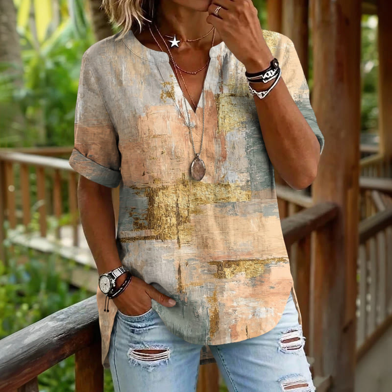 Oil Painting Texture Gradient Pattern Print Short Sleeve Casual Blouse - Orange - 5XL - image 2