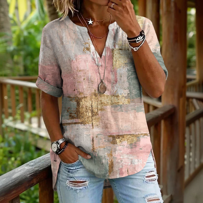 Oil Painting Texture Gradient Pattern Print Short Sleeve Casual Blouse - Pink - 5XL - image 1