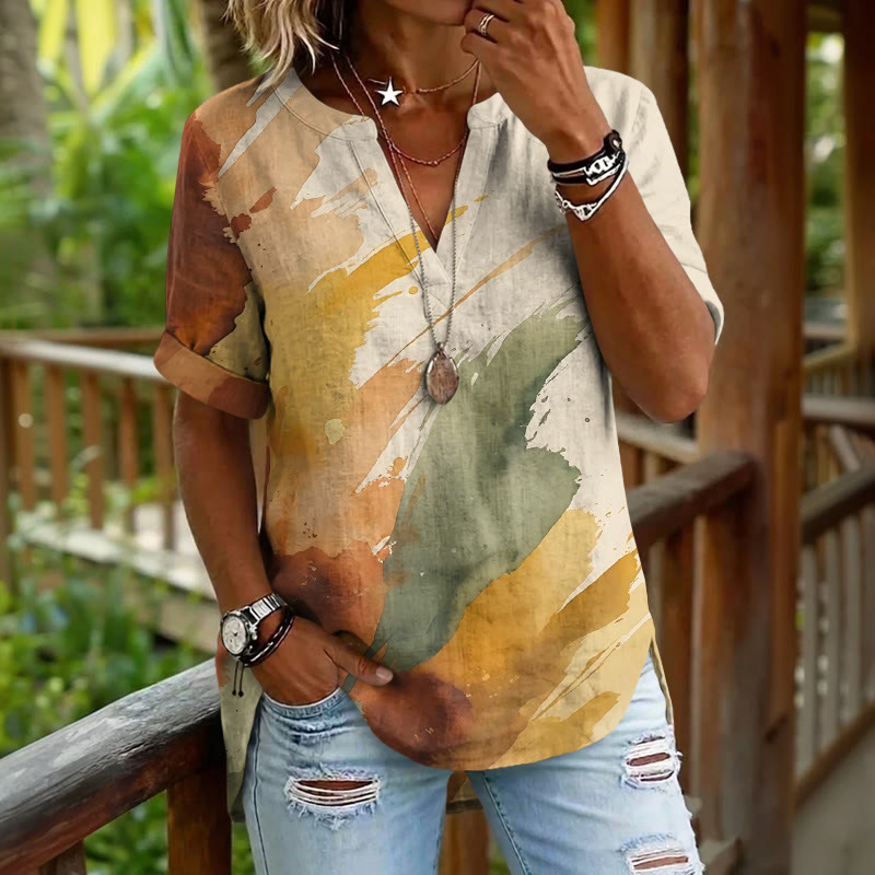 Watercolor Gradient Brushstrokes Pattern Print Short sleeve Casual Blouse - Apricot - 5XL - image 1