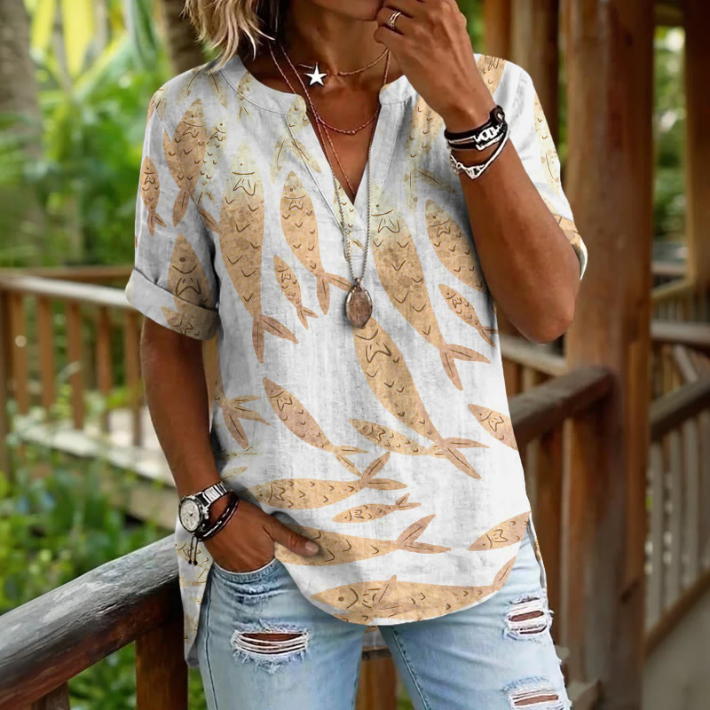 Simple Gradient Fishes Pattern Print Short Sleeve Casual Blouse - White - 5XL - image 2
