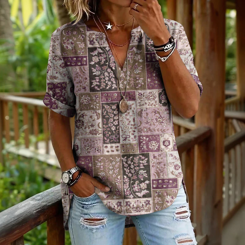 Boho Ethnic Floral Patchwork Pattern Print Short Sleeve Casual Blouse - Purple - 5XL - image 2