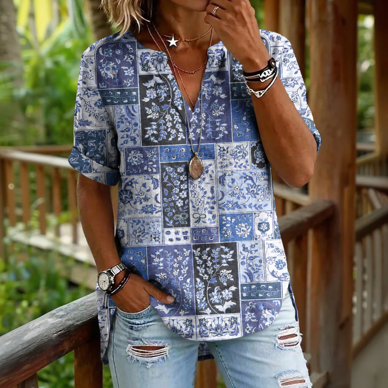 Boho Ethnic Floral Patchwork Pattern Print Short Sleeve Casual Blouse - Blue - 5XL - image 3